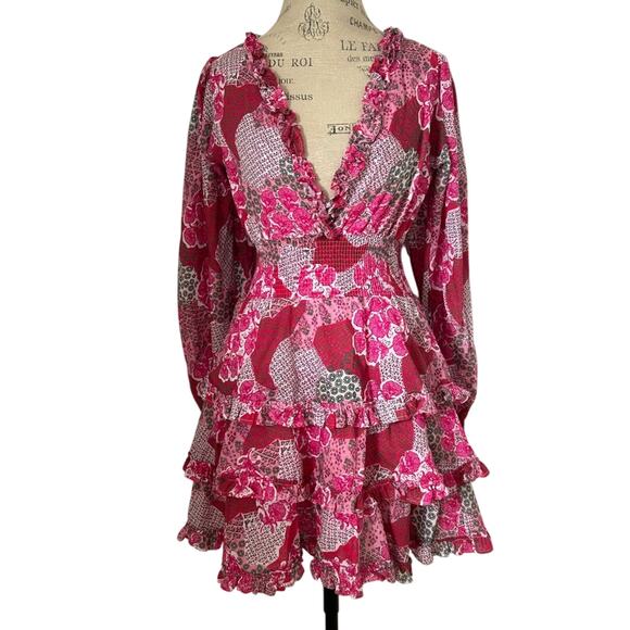 Peixoto $268 ruby smocked mini dress tiered ruffle pink red Anthropologie sz S - Picture 2 of 10